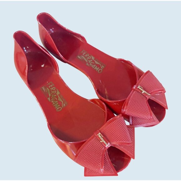 SALVATORE FERRAGAMO Vara Jelly PVC Red Ballet Bow Detail Flats Sz 7 - Picture 1 of 8